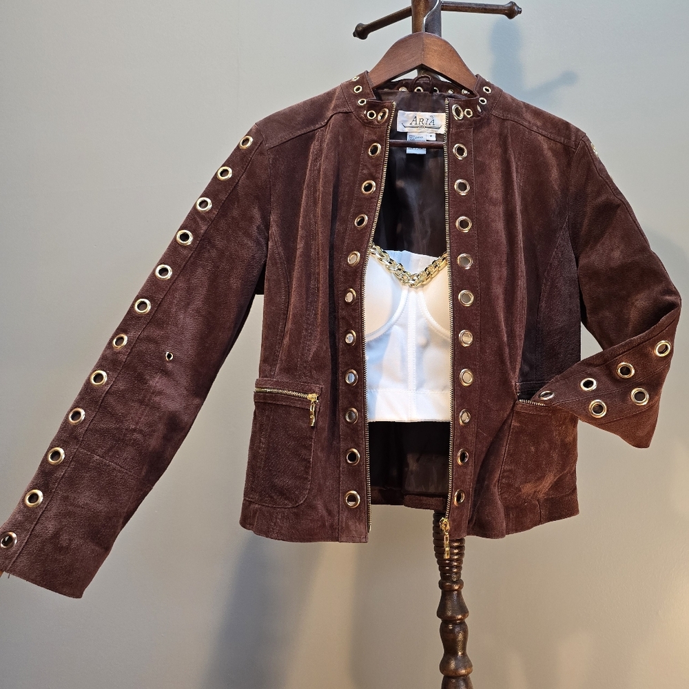 Zara Brown Suede Jacket with Gold Grommet Accents